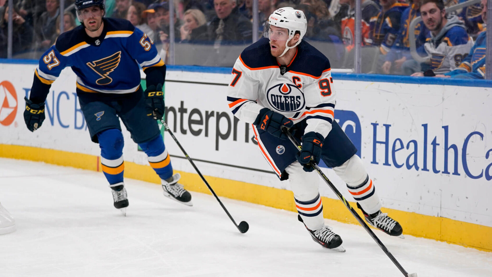 Edmonton Oilers' Connor McDavid skating with the puck