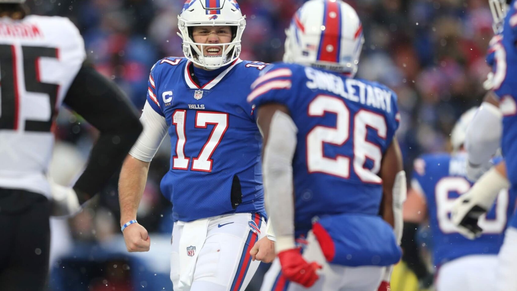 Josh Allen reaction celebrates Devin Singletary TD