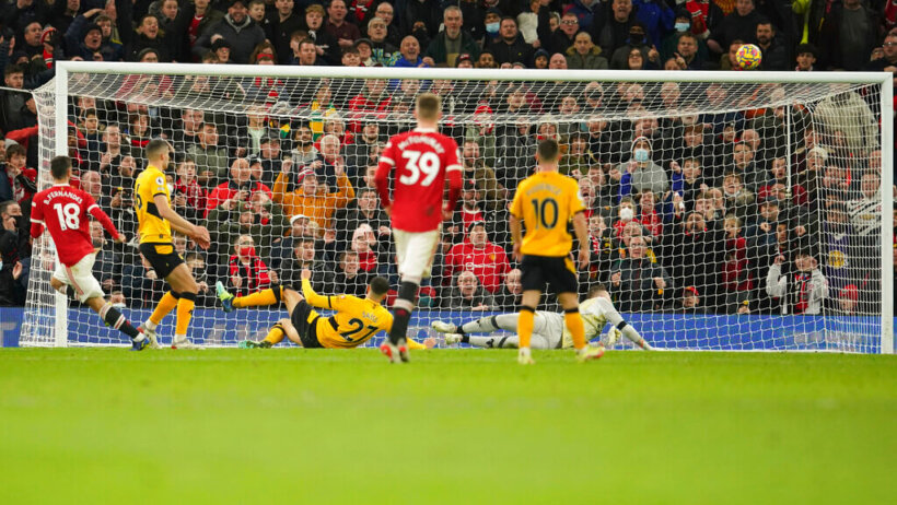 Bruno Fernandes's shot hits the post