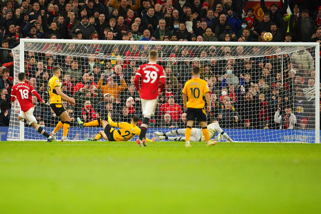 Bruno Fernandes's shot hits the post