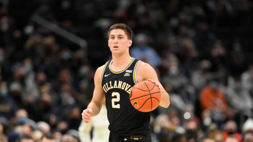 Villanova guard Collin Gillespie dribbling up the court