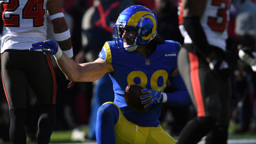 Tyler Higbee celebrates first down, Los Angeles Rams