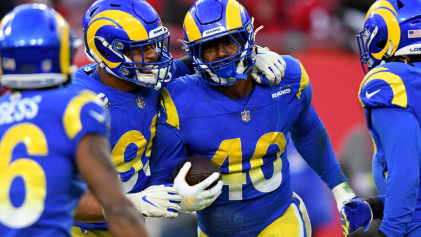 Los Angeles Rams outside linebacker Von Miller celebrating with teammates
