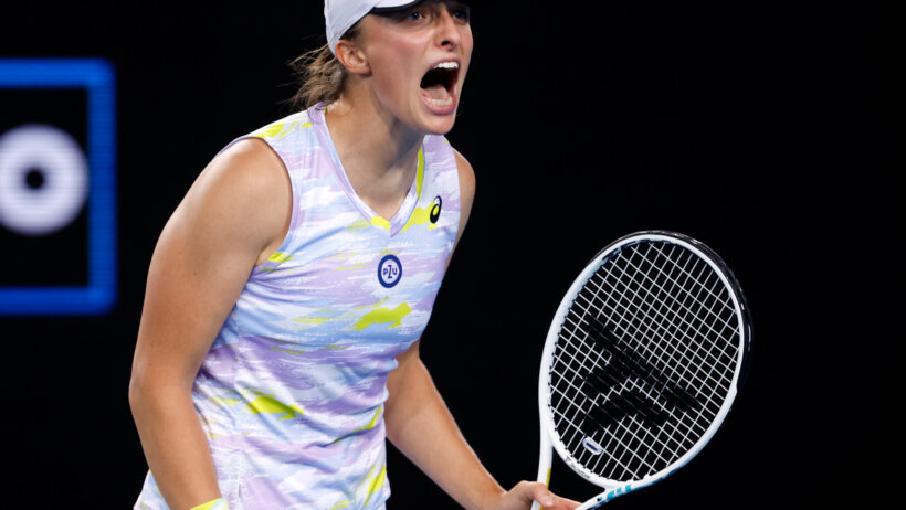 Iga Swiatek reacting after winning a match at the Australian Open.