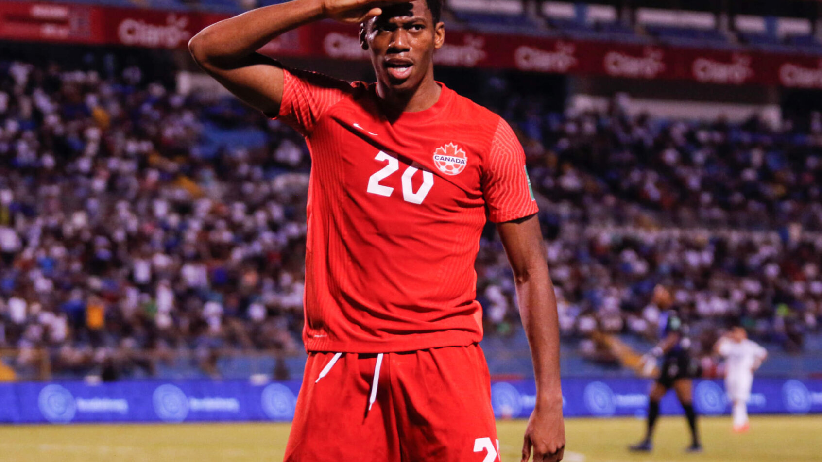 Canada's Jonathan David celebrating after scoring a goal.