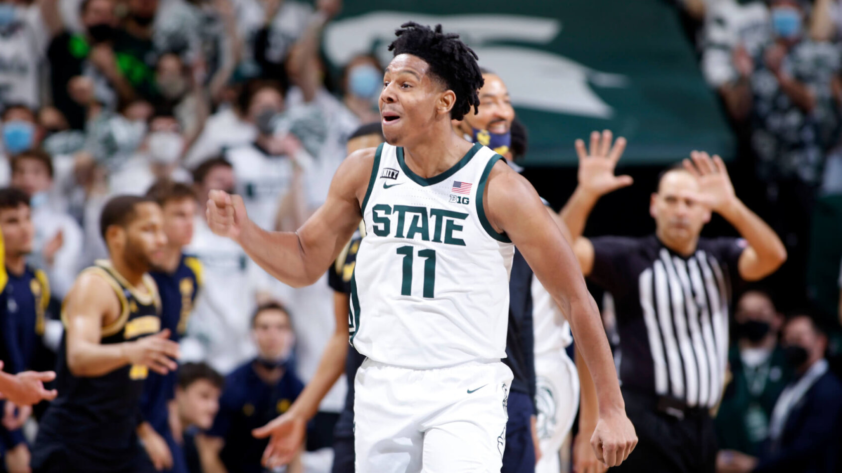 Michigan State's A.J. Hoggard celebrating a made basket