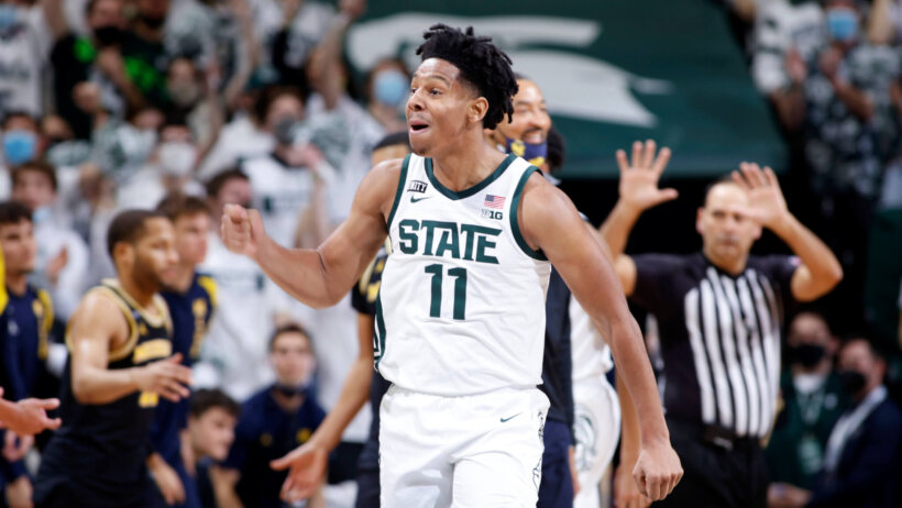 Michigan State's A.J. Hoggard celebrating a made basket
