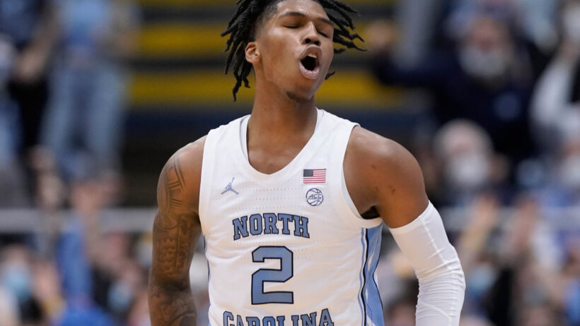 North Carolina guard Caleb Love shouting