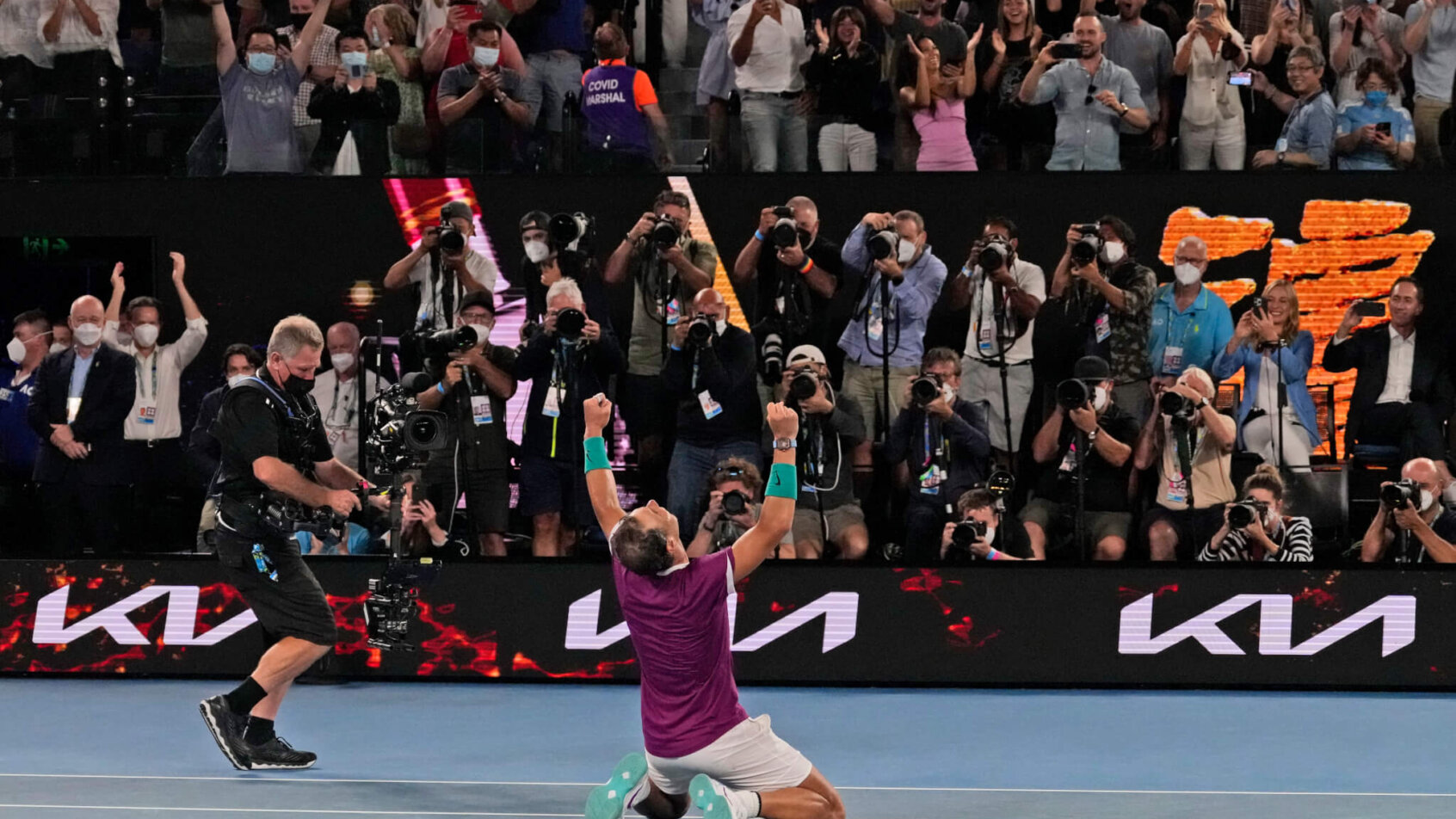 Rafael Nadal celebrating after winning the 2022 Australian Open.