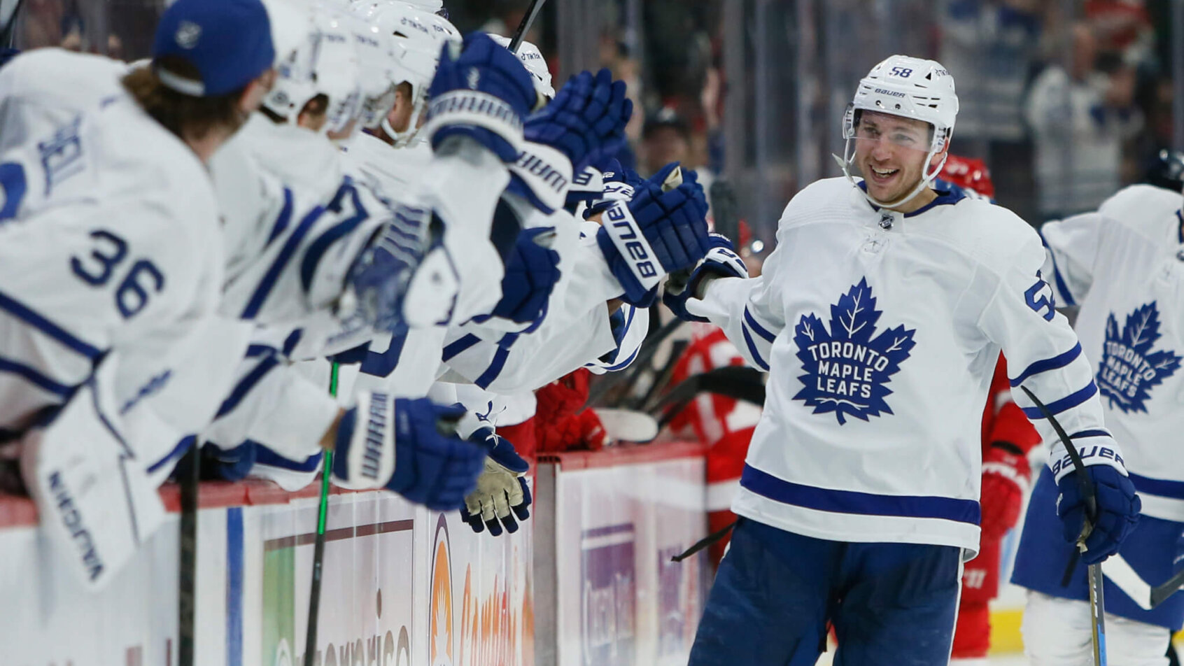 Toronto Maple Leafs left wing Michael Bunting celebrating a goal