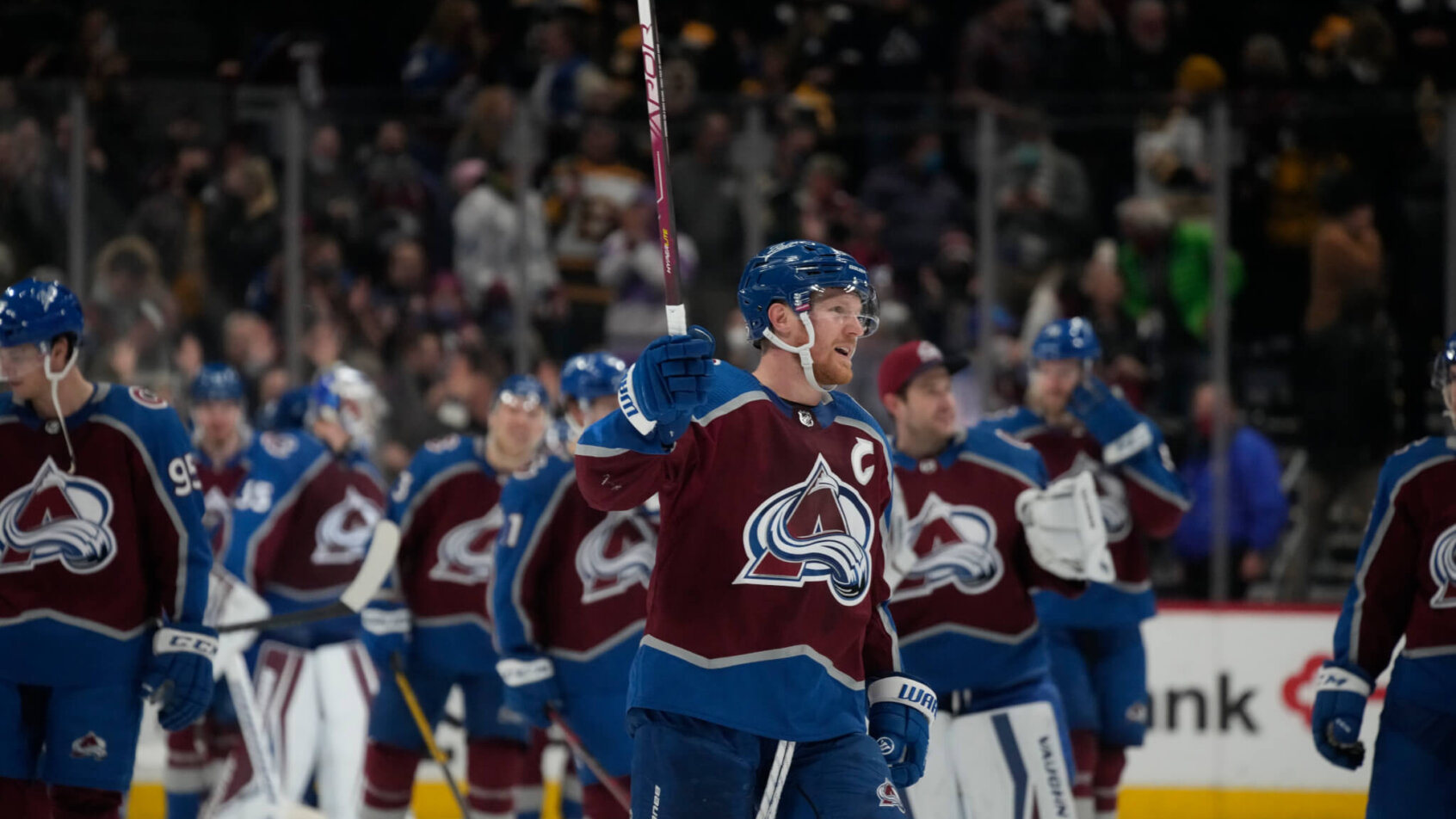 Colorado Avalanche left wing Gabriel Landeskog saluting the home crowd after a win