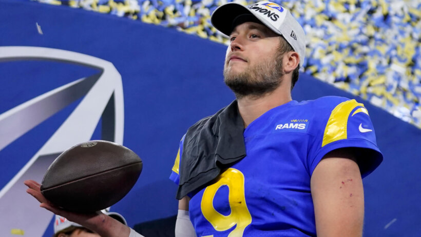 Los Angeles Rams' Matthew Stafford celebrating after winning the 2022 NFC Championship Game