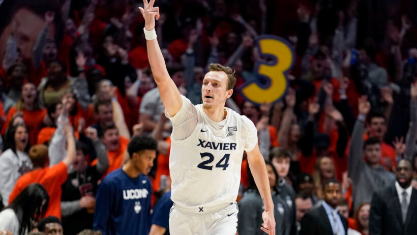 Xavier forward Jack Nunge celebrating a three-pointer