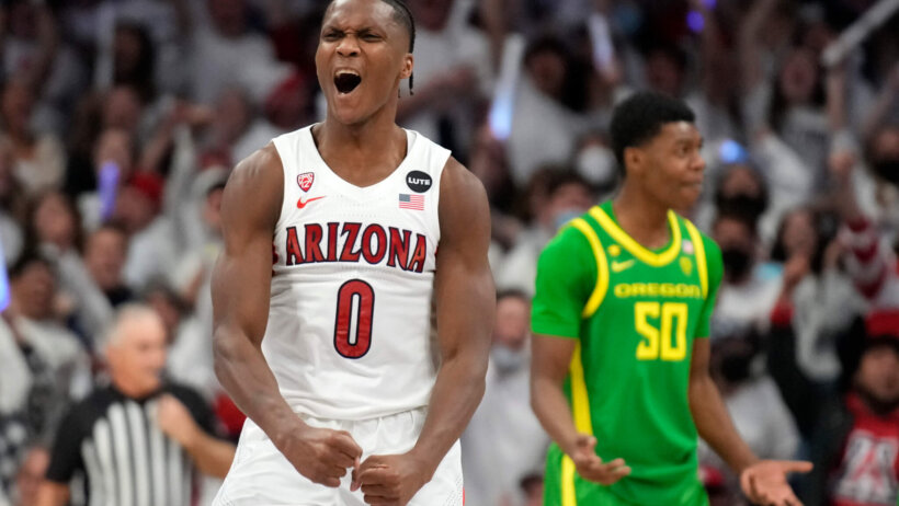 Arizona guard Bennedict Mathurin celebrating a basket
