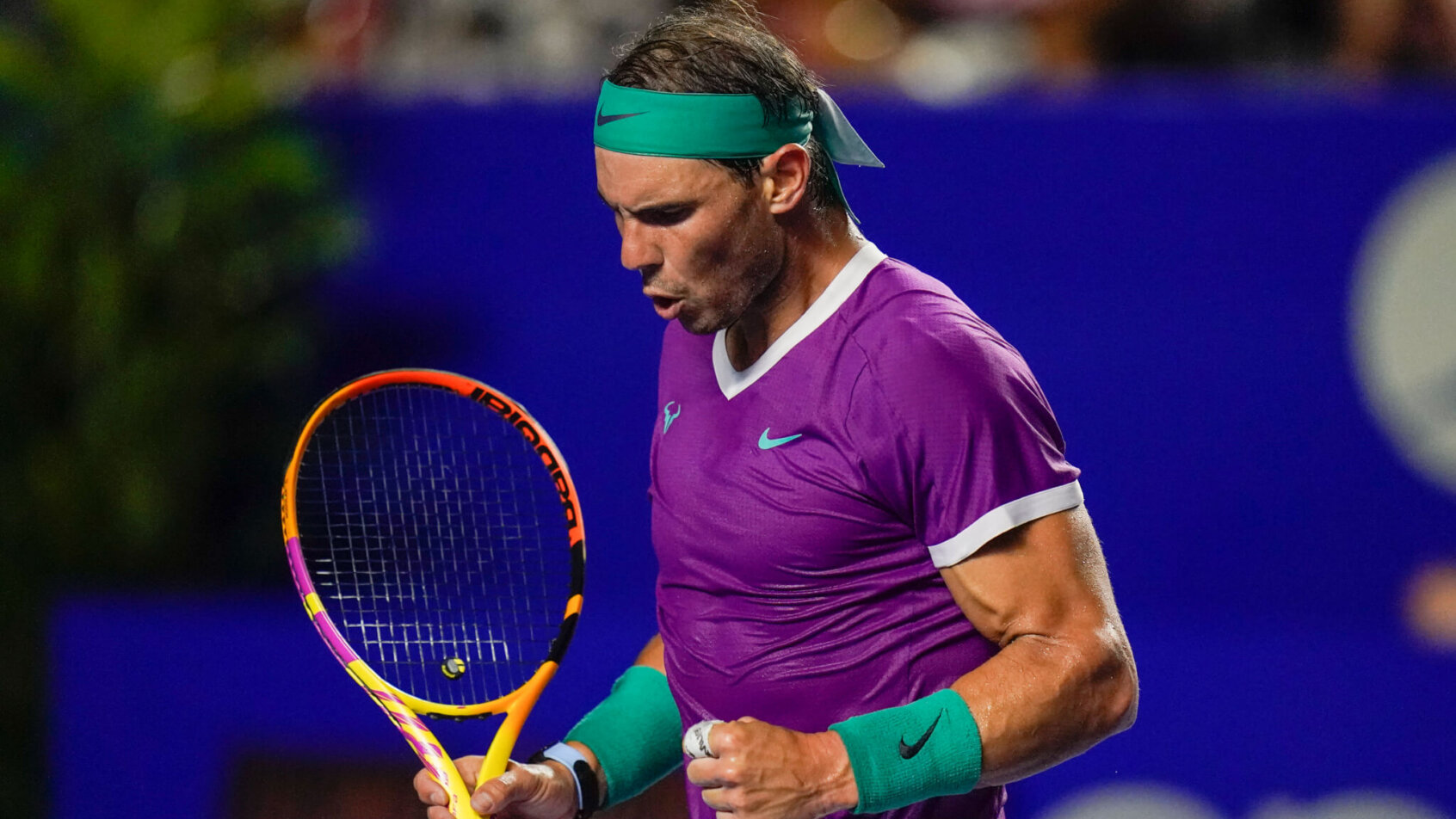 Nadal reacting to a point during a tennis match at the Mexican Open.