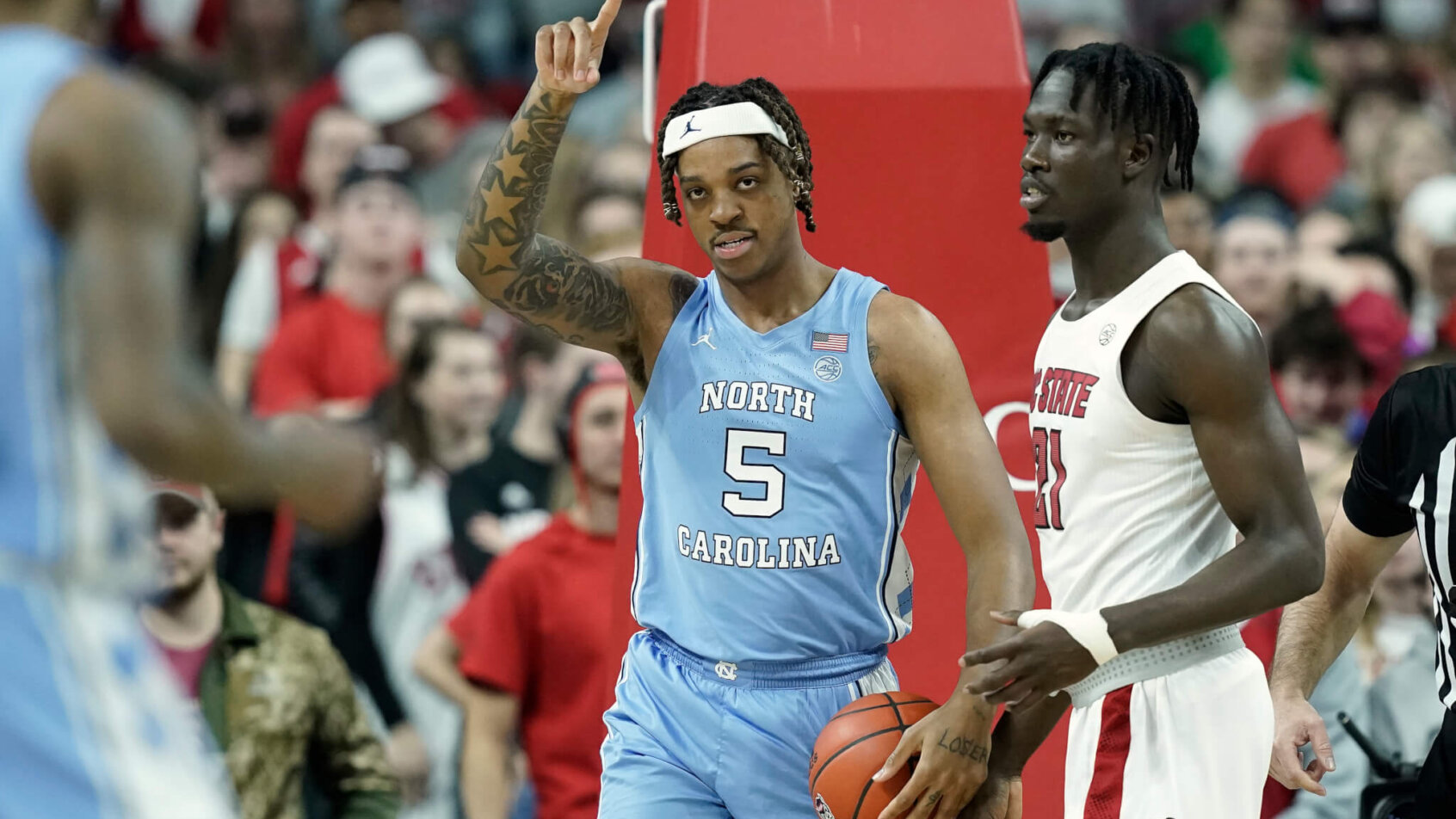 North Carolina forward Armando Bacot celebrating a basket