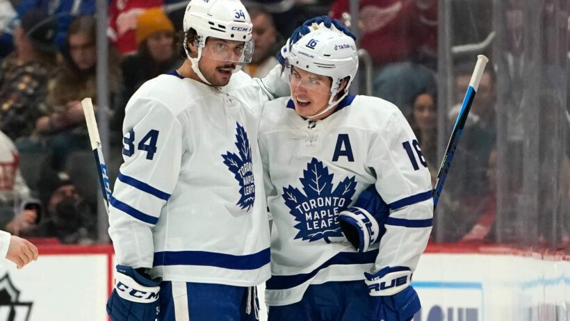 Toronto Maple Leafs Mitch Marner and Auston Matthews celebrating a goal