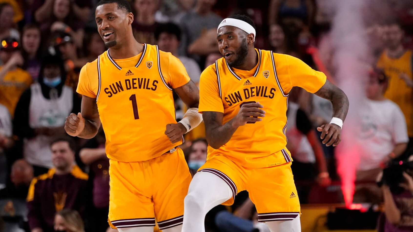 Arizona State guards Marreon Jackson and Luther Muhammad celebrating a three