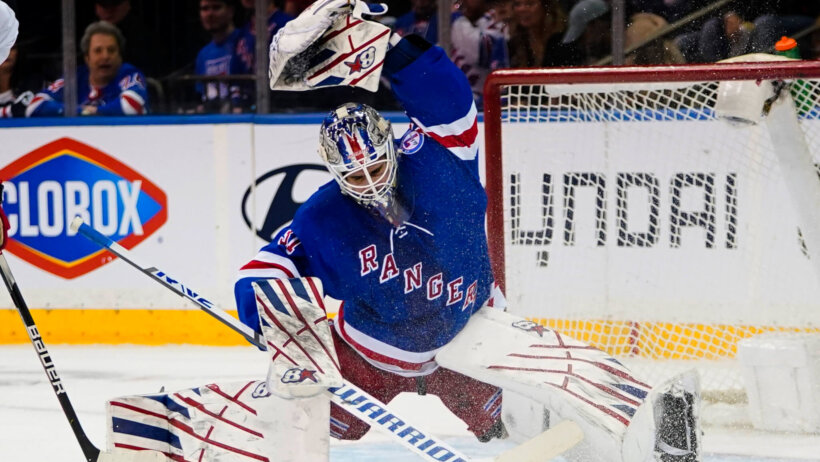 New York Rangers goaltender Igor Shesterkin making a glove save