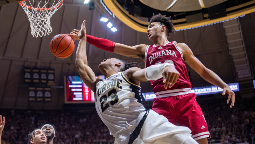 Indiana forward Trayce Jackson-Davis blocking a shot by Purdue guard Jaden Ivey