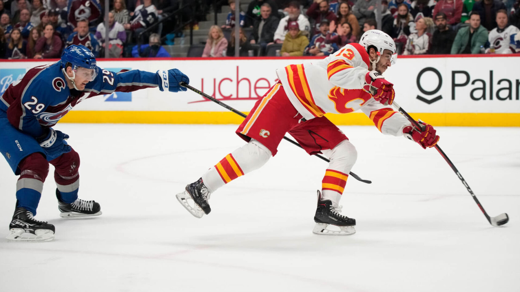 Calgary Flames left wing Johnny Gaudreau taking a shot