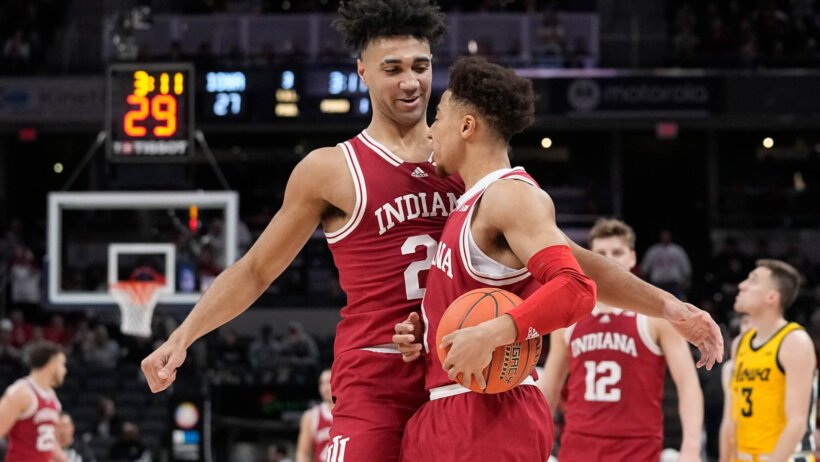 Indiana's Trayce Jackson-Davis celebrates with teammate Rob Phinisee