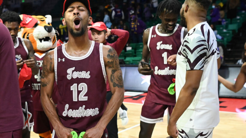 Texas Southern guard John Jones celebrating his team's SWAC Tournament victory