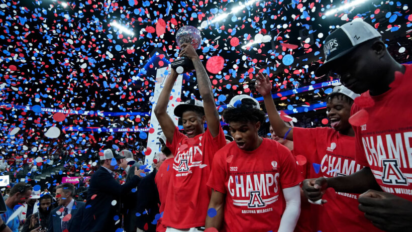 Arizona players celebrate winning the 2022 Pac-12 Tournament