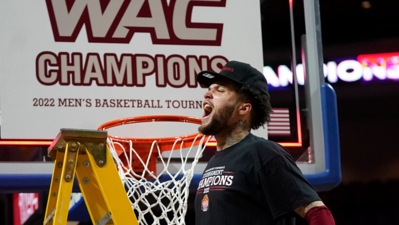 New Mexico State guard Teddy Allen after winning the 2022 WAC Tournament