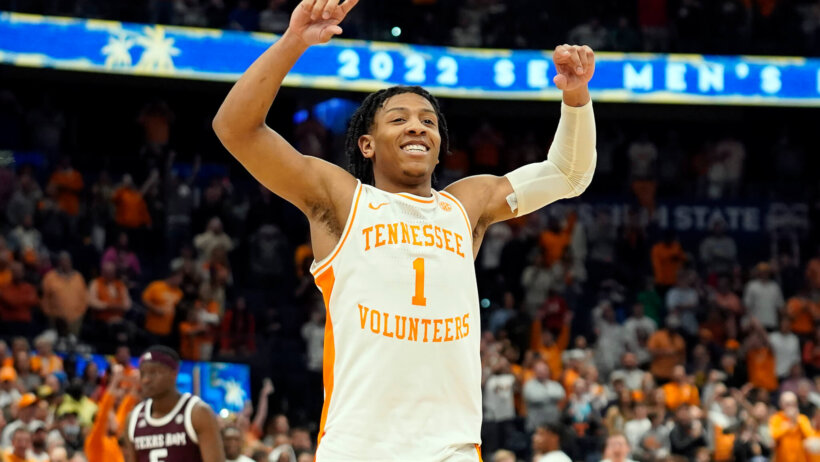 Tennessee guard Kennedy Chandler celebrating his team's SEC Tournament title victory