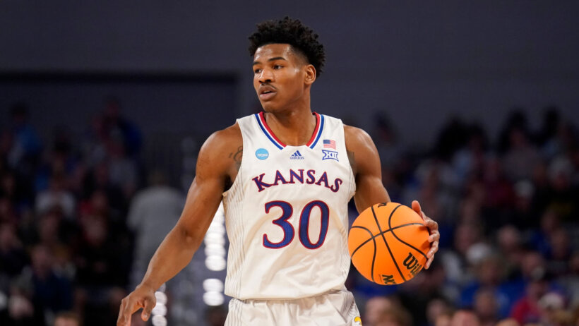 Kansas guard Ochai Agbaji running the Jayhawks offense