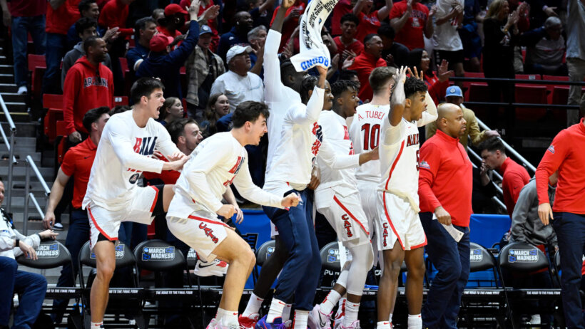 Arizona players celebrating on the Wildcats bench