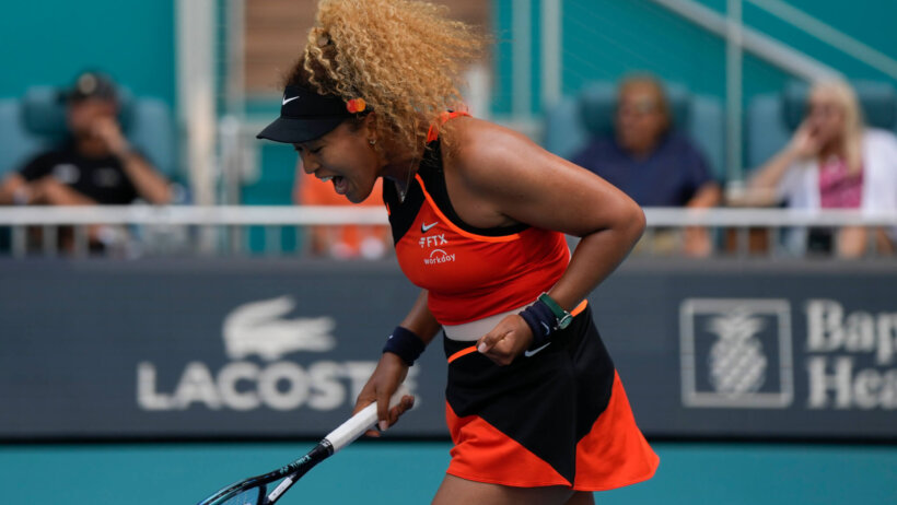 Naomi Osaka reacting after she wins a match during the Miami Open.