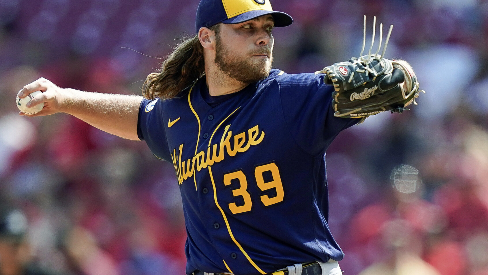 Milwaukee Brewers starting pitcher Corbin Burnes delivering a pitch