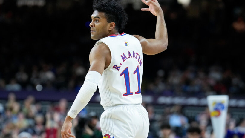 Kansas guard Remy Martin celebrating a basket