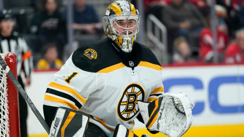 Jeremy Swayman following puck