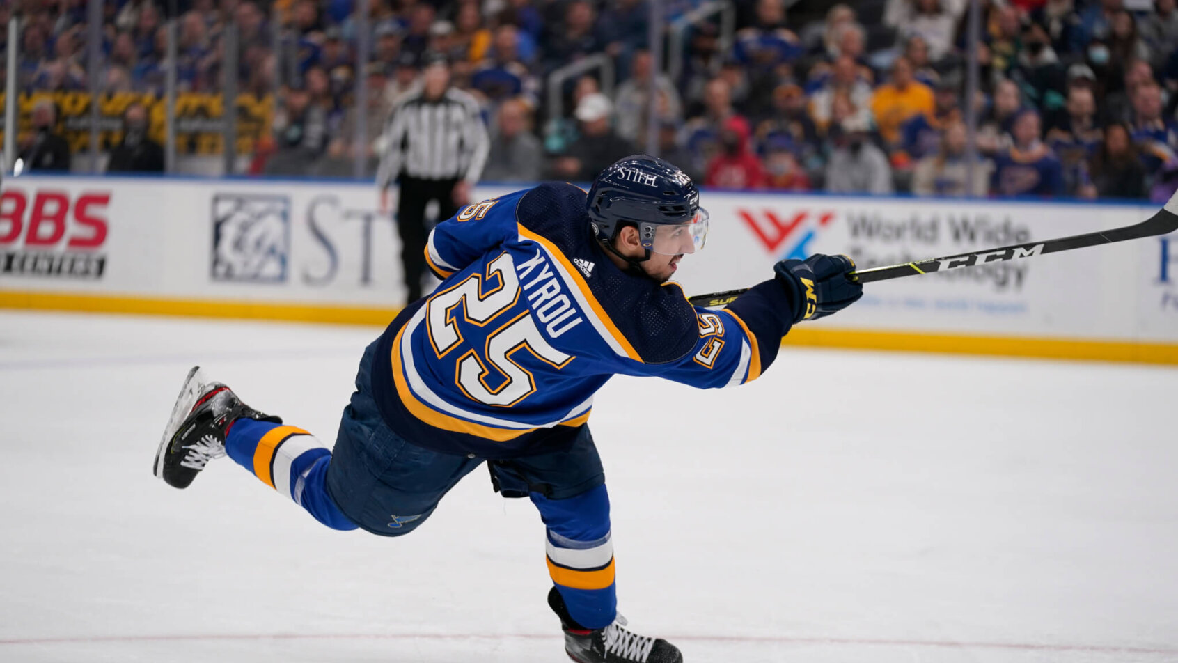 Jordan Kyrou shoots puck