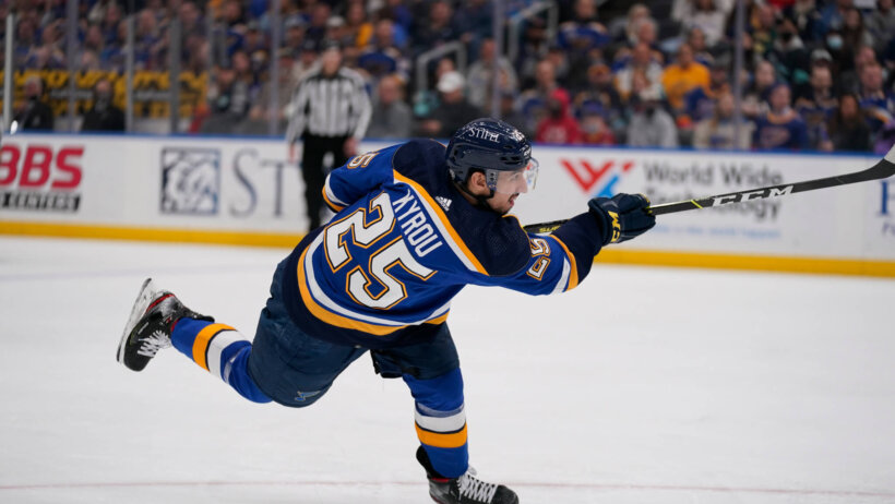 Jordan Kyrou shoots puck
