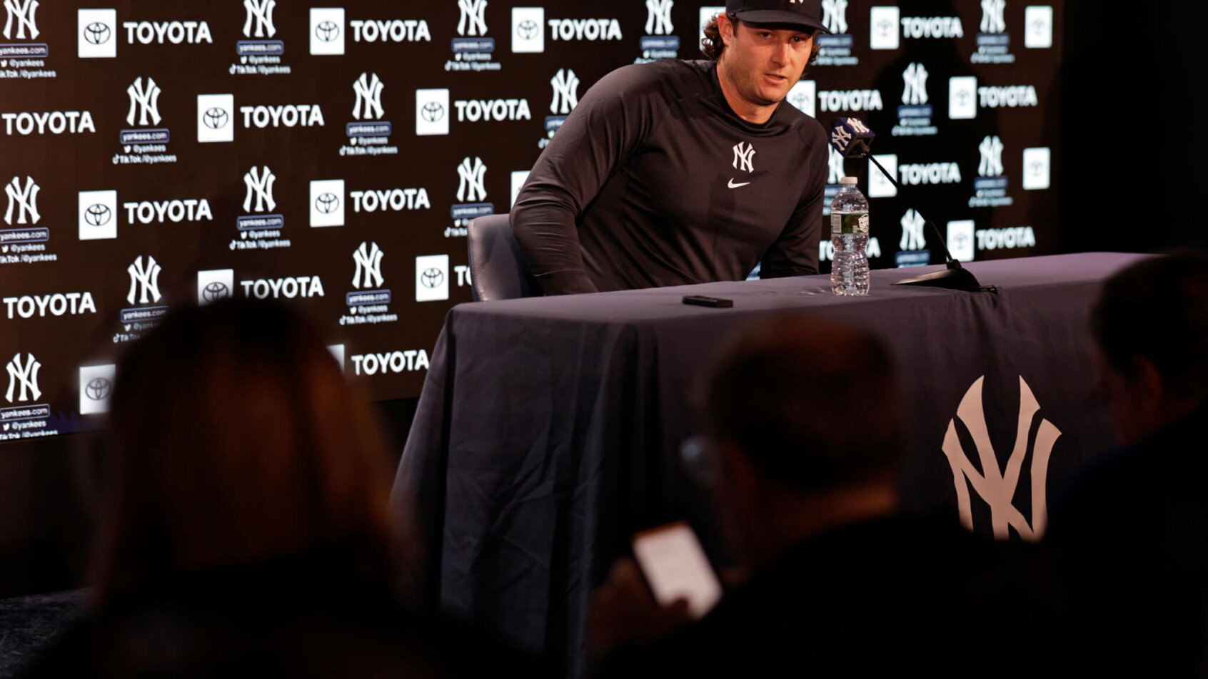 New York Yankees pitcher Gerrit Cole talking to the media