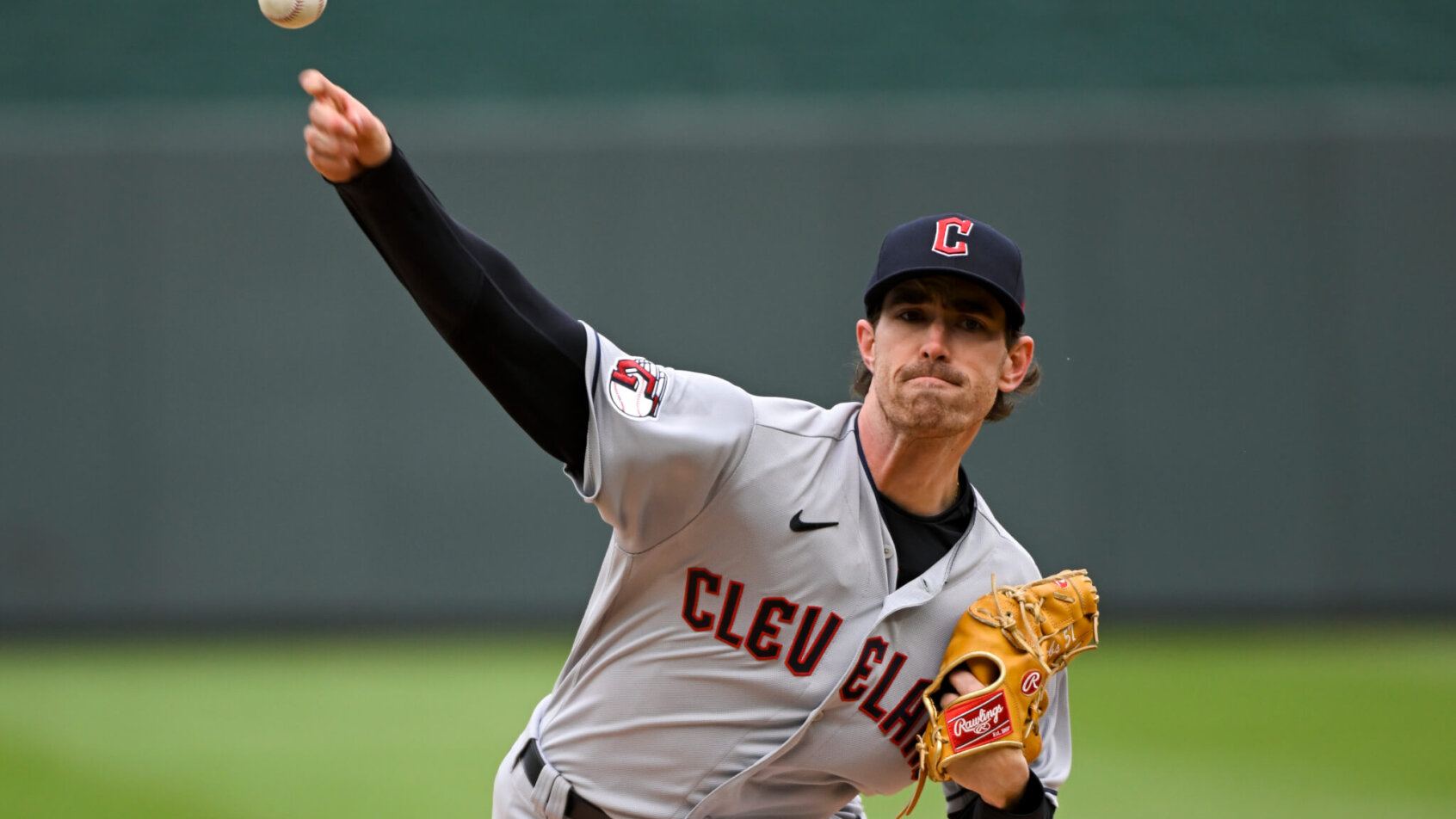 Cleveland Guardians starting pitcher Shane Bieber delivering a pitch