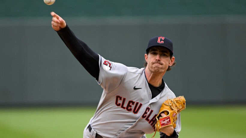 Cleveland Guardians starting pitcher Shane Bieber delivering a pitch