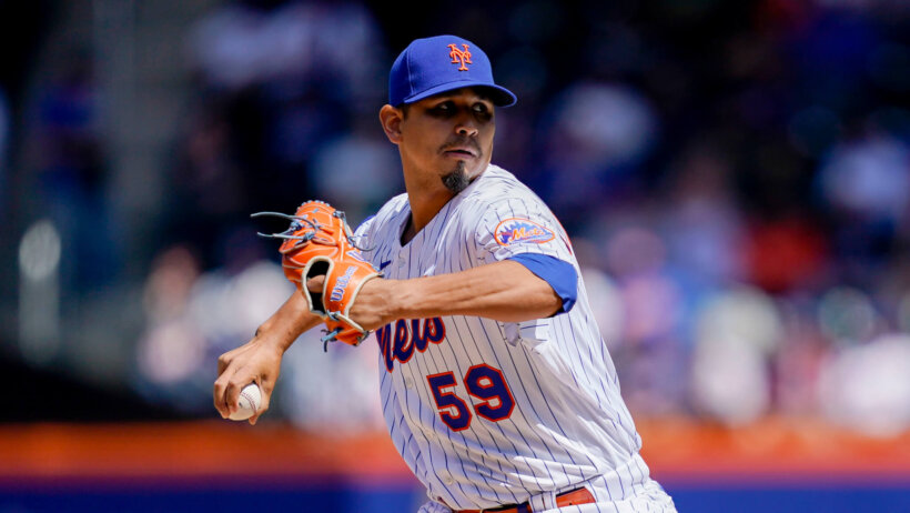 New York Mets starting pitcher Carlos Carrasco in his windup