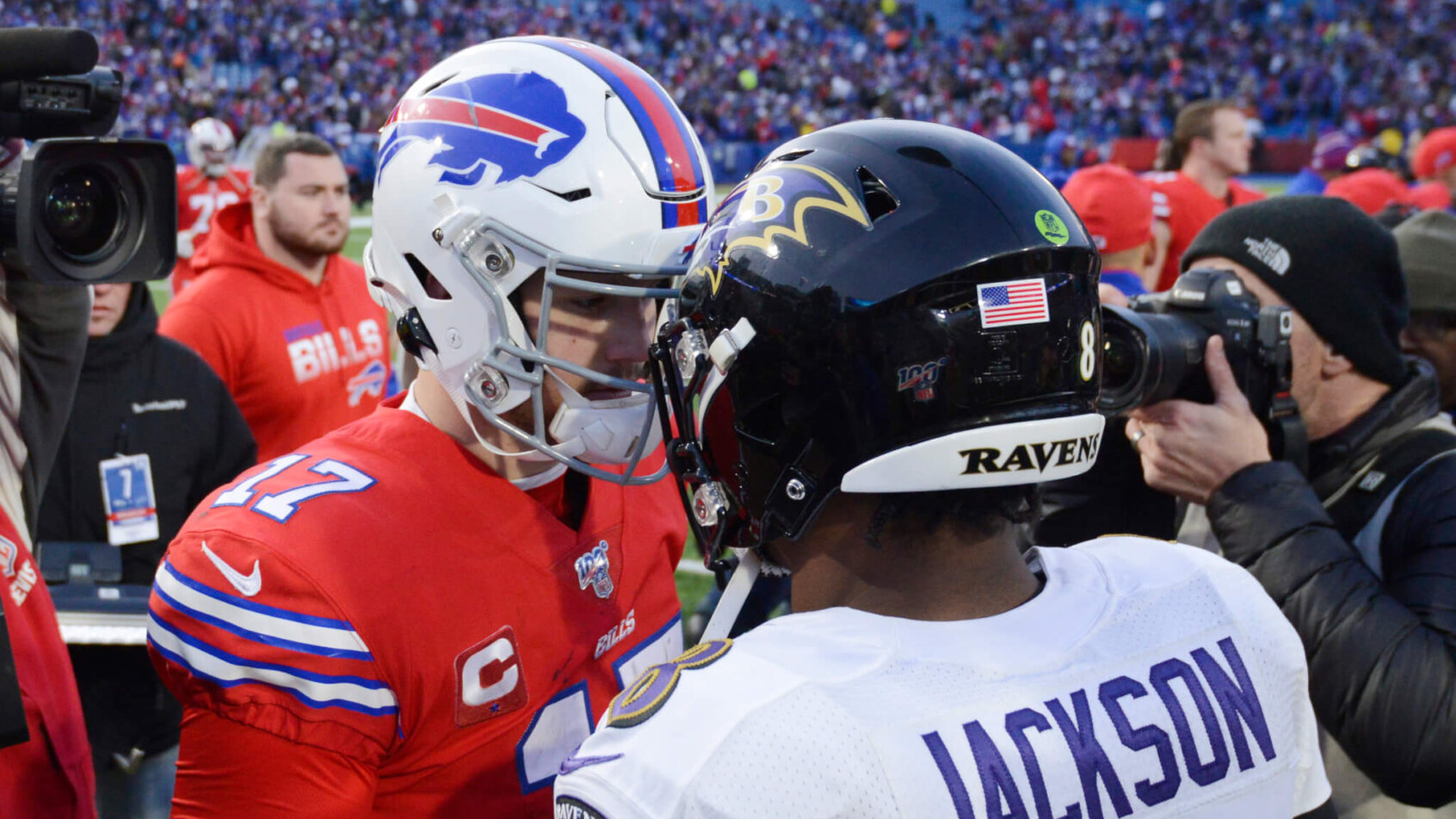Josh Allen and Lamar Jackson talking after game