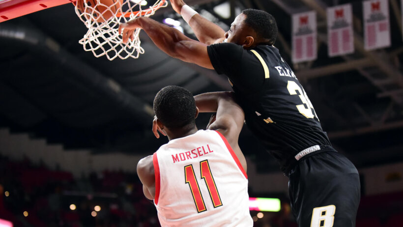 Bryant Bulldogs forward Hall Elisias dunking the ball