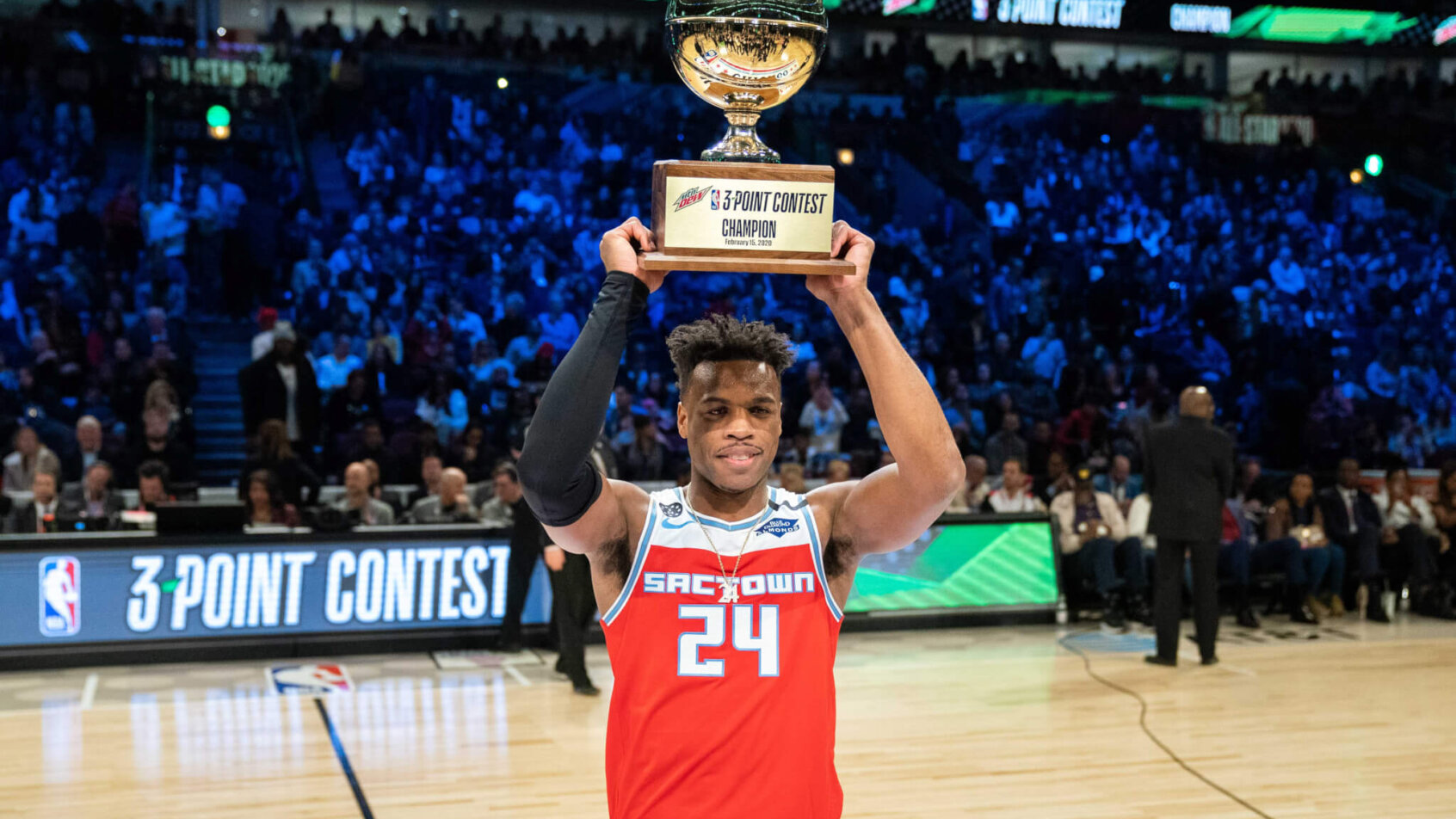 Buddy Hield raises the three-point contest trophy on All-Star Saturday night