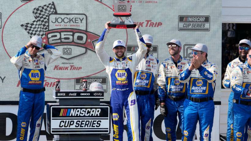 NASCAR Cup Series driver Chase Elliott celebrating a win