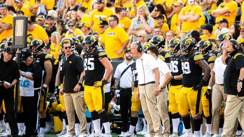 Kirk Ferentz on the sidelines coaching the Iowa Hawkeyes college football team