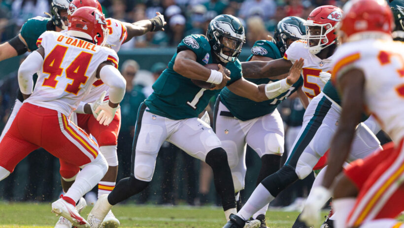 Jalen Hurts rushes versus the Chiefs. Chiefs vs Eagles public betting splits