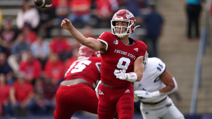 Fresno State Bulldogs quarterback Jake Haener throws a pass in the Mountain West