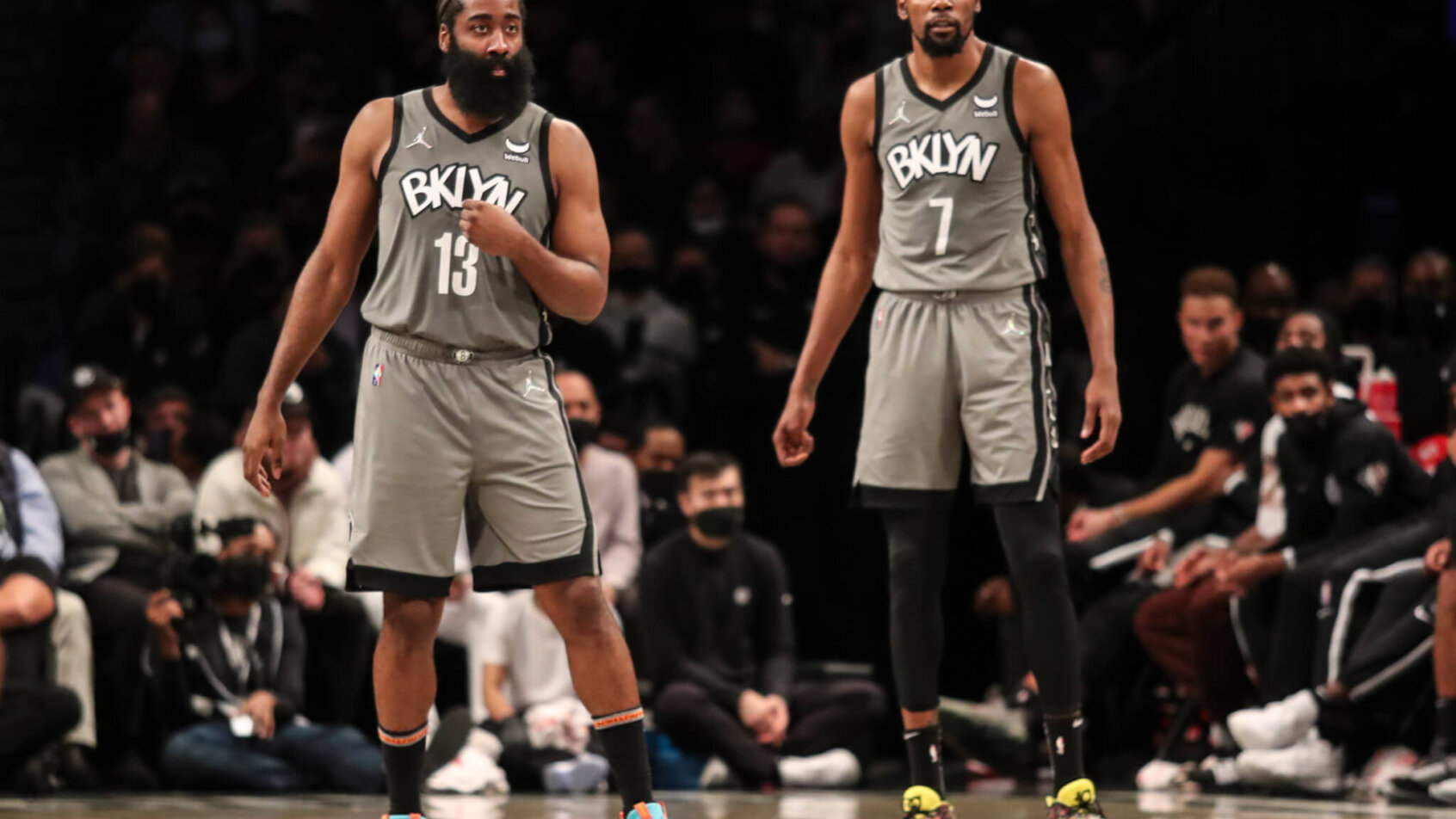 James Harden and Kevin Durant on court